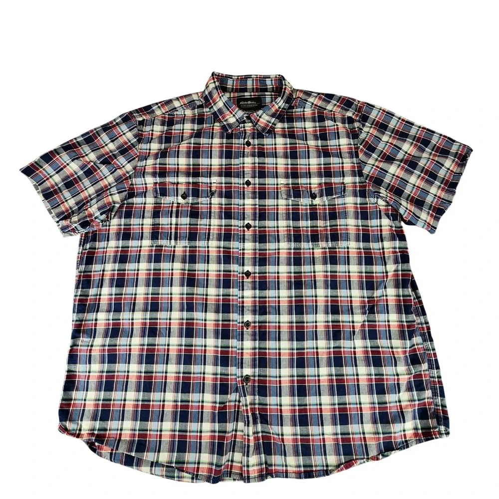 Eddie Bauer sz XL Men‎ Button Up Shirt Plaid Blue Red Green White Short Sleeve
